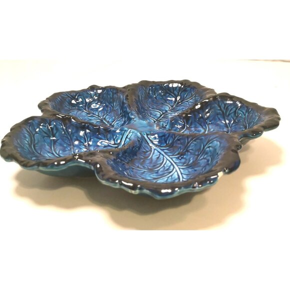Serving DIsh Vintage Inarco Japan Mood Indigo FIve Section Cabbage Leaf - Picture 3 of 10